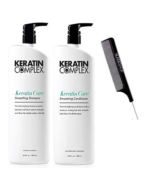 Keratin Complex KERATIN CARE Smoothing Shampoo & Conditioner DUO SET w/Sleek Comb Frizz-Fighting, No Added Sodium Chloride 33.8 oz - LARGE PRO DUO KIT